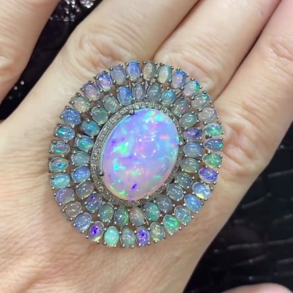 Multi Opal Gemstone Ring with Pavé Diamonds - Exquisite Floral 925 Sterling Silver Design, Handcrafted Elegance for Birthdays or Engagements