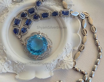 Natural Blue Topaz & Kyanite Gemstone Necklace, Pave Diamond Jewelry, 925 Sterling Silver Fine Jewelry
