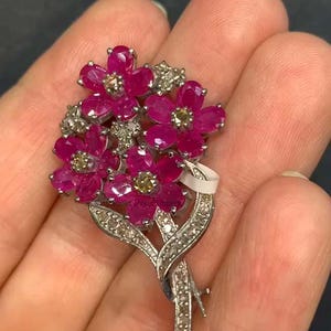 Beautiful Natural Rubies Brooch, 925 Sterling Silver Flower Brooch, Pave Diamond Jewelry, Anniversary Gift For Her, Modern Fashion Jewelry