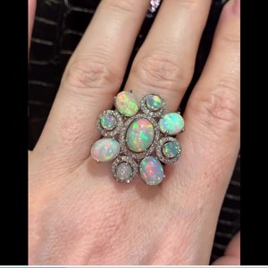Exquisite Natural Ethiopian Opal Gemstone Ring - Pave Diamond Cocktail Ring in 925 Sterling Silver - Perfect Valentine&#39;s Day Gift for Her