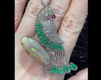 Cockatoo Bird Brooch with Opal & Emerald Gemstones, Encrusted with Pavé Diamonds - 925 Sterling Silver, Perfect 1st Birthday Gift for Her