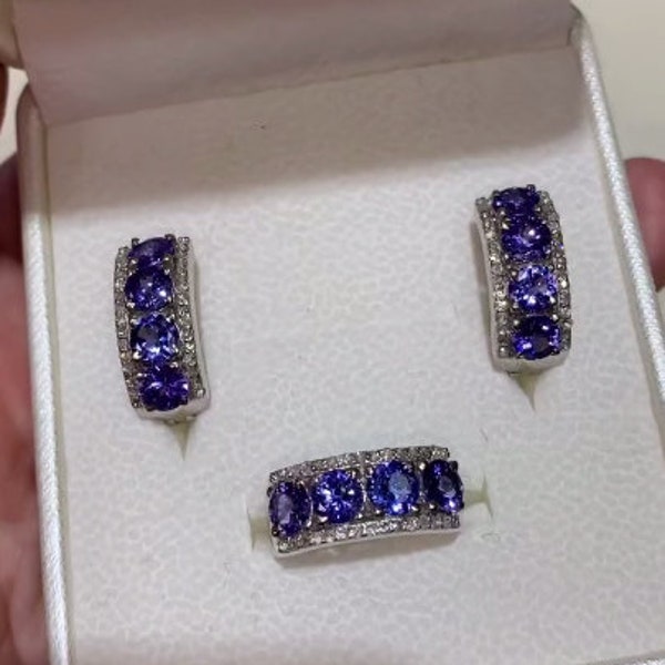 Luxurious Tanzanite Gemstone Ring & Pavé Diamond Earrings Set - Exquisitely Handcrafted 925 Sterling Silver, Ideal Engagement Gift for Her