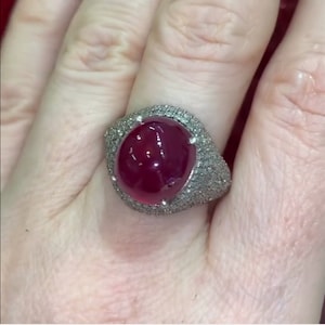 Puede incluir: Un anillo plateado con una gran gema redonda de color rojo intenso. La gema está rodeada por un halo de piedras más pequeñas y brillantes. La banda del anillo también está incrustada con piedras más pequeñas, creando un aspecto lujoso.