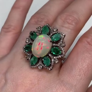 Radiant Opal & Emerald Gemstone Ring with Pavé Diamonds Handcrafted 925 Sterling Silver, Perfect Wedding Gift, Timeless Symbol of Love