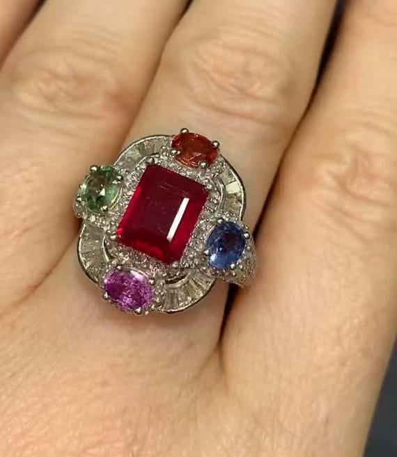 Anello Argento Zaffiro E Rubino Anello Da Cocktail Con Rubino E