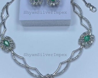 Natural  Emerald Necklace Earring, Pavé Diamond Jewelry, 925 Sterling Silver Jewelry, Birthday Gift
