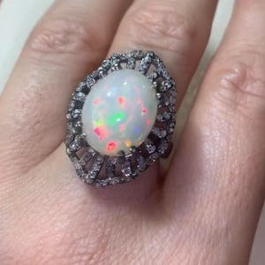 Natural Ethiopian Opal Gemstone Ring Pave Diamond Ring Fine Ring Jewelry Handmade Ring 925 Sterling Silver Ring Cocktail Ring Birthday Gift