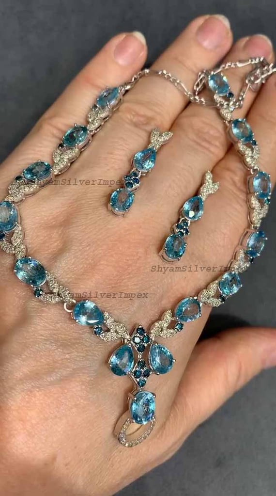 Handcrafted Aquamarine Necklace Earring Set, Pavé Diamond 925 Sterling Silver Jewelry, Birthday Gift Her