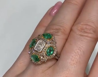 Natural Emerald Cocktail Ring, Pavé Diamond Polki Ring ,in 925 Sterling Silver Special Gift