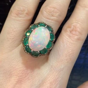 Stunning Ethiopian Opal & Emerald Gemstone Ring with Pavé Diamonds - 925 Sterling Silver, Handmade | Luxurious Anniversary Gift for Her