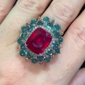 May include: A ring featuring a large, red, cushion-cut gemstone surrounded by smaller green and brown gemstones.