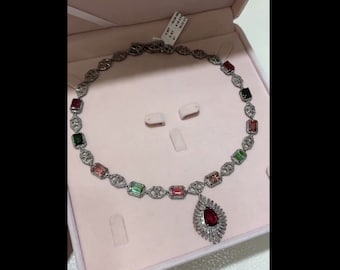 Multi Tourmaline Gemstone Necklace, Pavé Diamond Solid 925 Sterling Silver Jewelry, Anniversary Gift