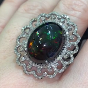 Radiant Fire Opal Gemstone Ring - Handcrafted in 925 Sterling Silver with Pave Diamonds. A Timeless Gift for Her, Perfect Mothers Day Gift