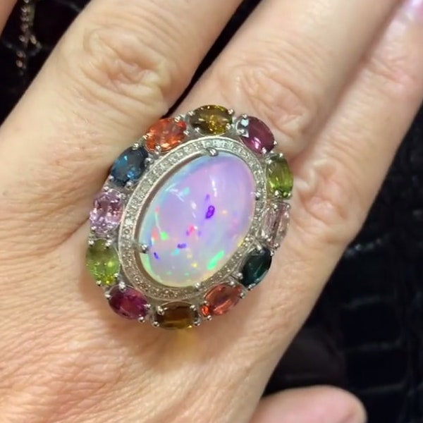 Natural Opal & Tourmaline Gemstone Ring with Pavé Diamond Accents, Handcrafted in 925 Sterling Silver - A Perfect Gift for Special Occasions