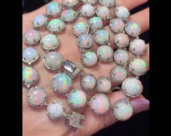 Exquisite Handmade Opal Gemstone Necklace Earring ,Pave Diamonds 925 Sterling Silver New Year Gift