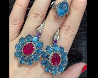 Stunning Ruby & Blue Topaz Earrings with Pavé Diamonds - Elegant 925 Sterling Silver Jewelry Set, Ideal Romantic or Birthday Gift for Her