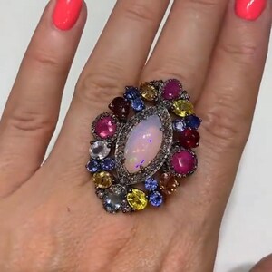 Natural Opal Ruby Sapphire Ring with Pave Diamonds in 925 Sterling Silver Gift