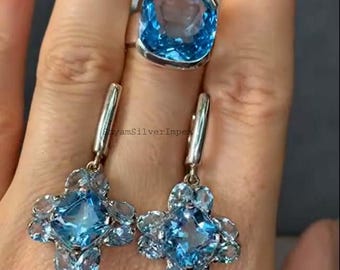 Blue Topaz Ring Earring Set, 925 Sterling Silver, Art Deco Jewelry