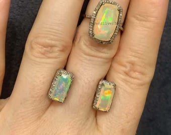 Natural Opal Diamond Ring and Earring Set, Victorian 925 Sterling Silver