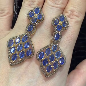 Sofisticados pendientes de piedras preciosas de cianita en plata de ley 925 con diamantes pavé: joyería fina exquisita, regalo de cumpleaños perfecto para ella