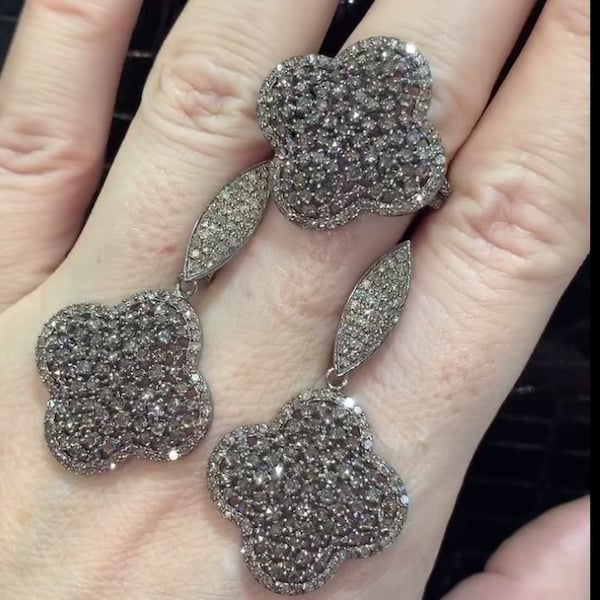 Exquisite Natural Pave Diamond Jewelry Set - Handcrafted 925 Sterling Silver Pavé Diamond Ring & Earrings, Perfect Anniversary Gift for Her