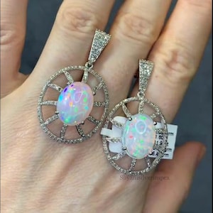 Natürlicher äthiopischer Opalohrring, 925 Sterlingsilber, schöner Baumelnohrring, Pave-Diamant handgemachter feiner Schmuck, Brautgeschenkschmuck