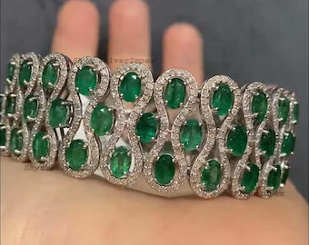 Natural Emerald Gemstone Bracelet, Pave Diamond Handcrafted 925 Sterling Silver Jewelry Anniversary Gift Women