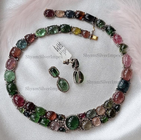Natural Tourmaline Gemstone Jewelry, Pave Diamond Necklace Earring, Solid 925 Sterling Silver Jewelry
