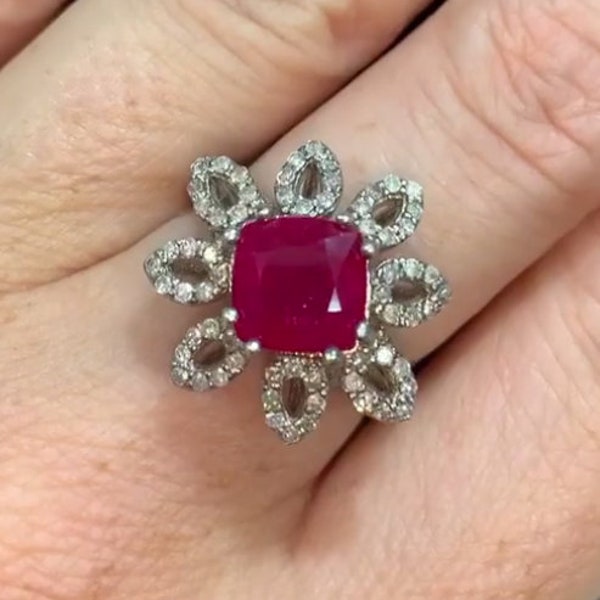 Exquisite Ruby Gemstone Ring with Pavé Diamonds, Handcrafted 925 Sterling Silver, Perfect for Weddings, Anniversaries, and Special Occasions