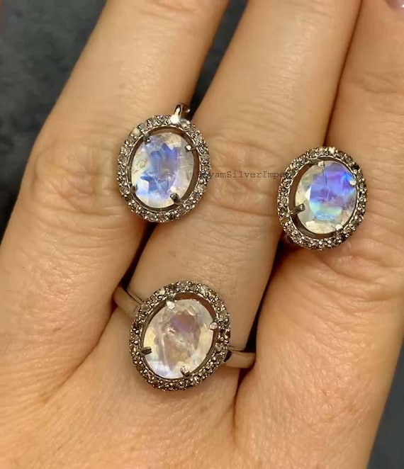 Natural Aquamarine Jewelry Set, Pave Diamond Bridal Jewelry, 925