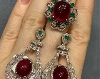 Natural Ruby Emerald Jewelry Set, Pave Diamond, 925 Sterling Silver, Art Deco