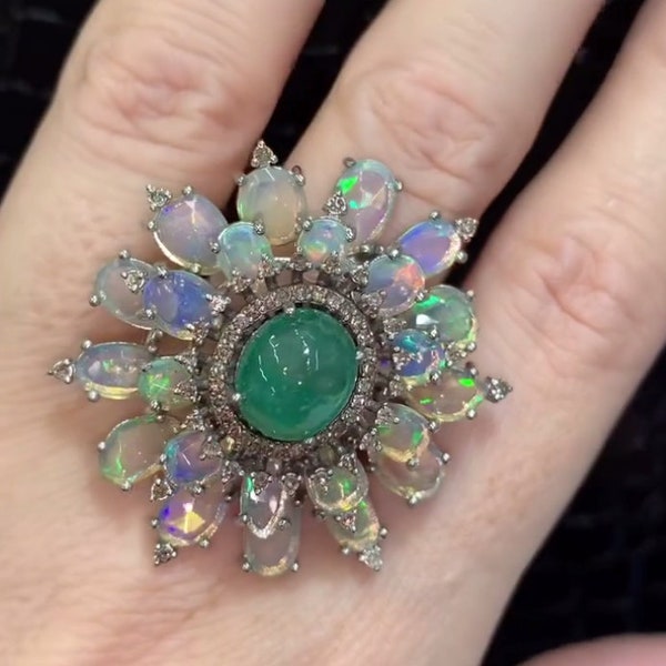 Exquisite Ethiopian Opal & Emerald Ring - Handcrafted in 925 Sterling Silver with Pavé Diamonds, Stunning Wedding Gift for Her, Fine Jewelry