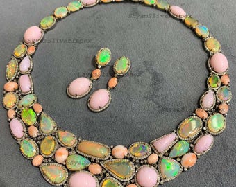 Natural Ethiopian Opal & Pink Opal Necklace ,Earring, Pave Diamond Coral Jewelry 925 Sterling Silver