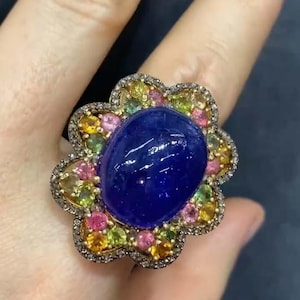 Natural Tanzanite & Tourmaline Cocktail Ring, 925 Sterling Silver, Pave Diamond Statement Jewelry, Handmade Women&#39;s Promise Ring