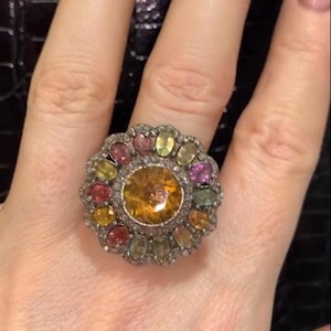 Citrine & Multi-Tourmaline Gemstone Ring - Pavé Diamonds in 925 Sterling Silver, Luxurious Statement Jewelry, Ideal Birthday Gift for Her