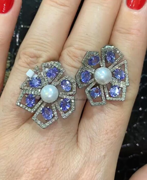 Natural Pearl & Tanzanite Gemstone Stud Earring, Pave