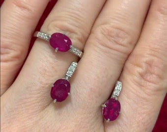 Handmade Ruby Jewelry Set, Sterling Silver, Pave Diamonds, Art Deco