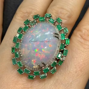 Natural Fire Opal & Emerald Cocktail Ring, Handcrafted Pave Diamond Engagement Ring, 925 Silver Wedding Anniversary Gift, Birthday Gift