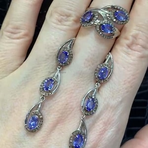 Natural Tanzanite&#39;s Matching Ring Earring Set, Pave Diamond Jewelry Set, Handmade Women Fashion Jewelry, Anniversary Gift, Modern Jewelry