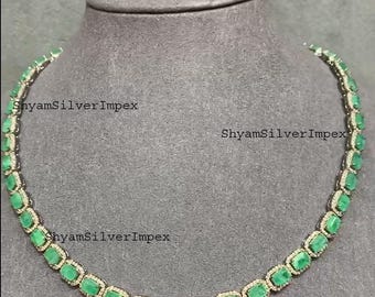 Natural Emeralds Gemstone Necklace, Pavé Diamond, 925 Sterling Silver Jewelry, Anniversary Gift Her