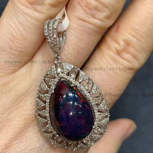 Natural Black Opal Gemstone Pendant, Design Pave Diamond Pendant, 925 Sterling Silver Pendant, Wedding Anniversary Gift For Women
