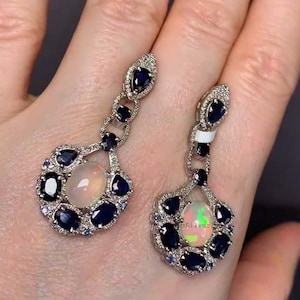 Natürliche Opal & Saphir Baumeln Ohrringe mit Pavé Diamanten Handgefertigt 925 Sterling Silber Geschenk Her
