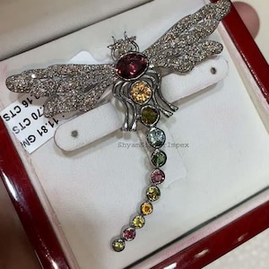 Natural Tourmaline Brooch Pendant, 925 Sterling Silver Dragonfly Brooch, Pave Diamond, Anniversary Gift For Women. Handmade Gemstone Jewelry
