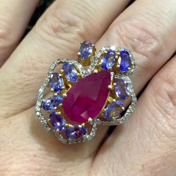 Ruby & Tanzanite Ring, Handcrafted in 925 Sterling Silver with Pave Diamonds, Cocktail Ring, A Perfect Mothers Day or Romantic Gift for Her