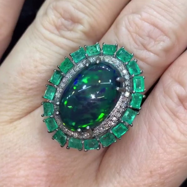 Exquisite Green Fire Opal & Emerald Gemstone Ring - Pavé Diamonds, Luxurious Floral 925 Sterling Silver, Handcrafted - Perfect Birthday Gift