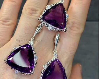 Sieradenset amethist tanzaniet, sterlingzilver, art-decooorbellen en ring