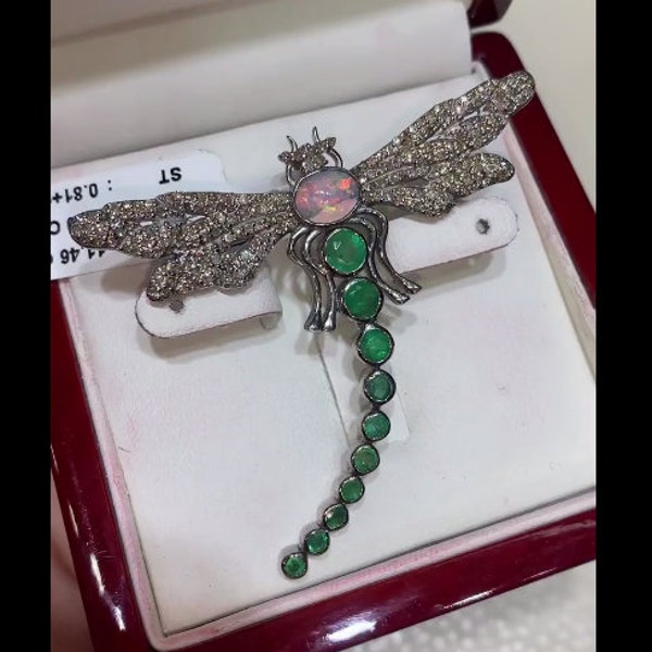 Exquisite Dragonfly Brooch with Opal & Emerald Gemstone, and Pavé Diamonds - Handcrafted 925 Sterling Silver Jewelry - Unique Gift for Her