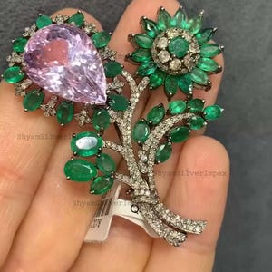Natural kunzite & Emerald Brooch, 925 Sterling Silver Flower Brooch, Pave Diamond Jewelry, Anniversary Gift For Her, Modern Fashion Jewelry