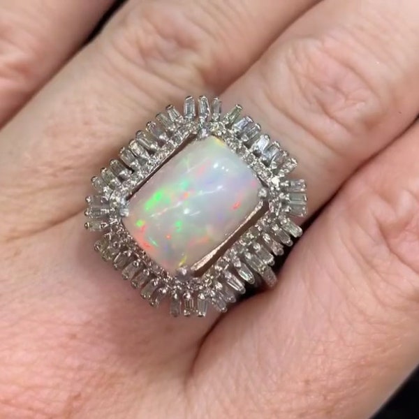 Exquisite Ethiopian Opal Ring with Pave Diamonds - Unique Handcrafted 925 Sterling Silver Fine Jewelry, Perfect Birthday or Wedding Gift