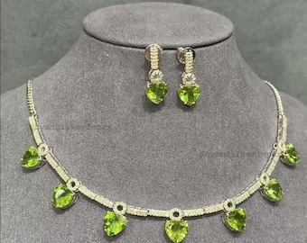 Peridot Gemstone Necklace Earring, Handcrafted Jewelry, Pave Diamond, 925 Sterling Silver, Birthday Gift Her